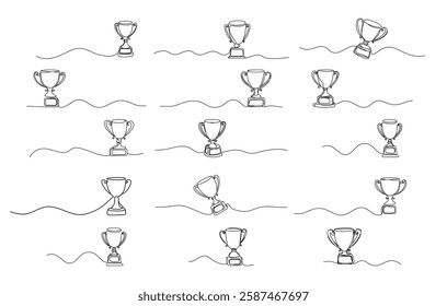 The Winner's Cup, a single-line line icon depicting the celebration of champions. Large collection. A linear vector design of the award trophy in a doodle style symbolizes the championship.