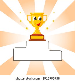 The winner's cup in the style of a cartoon character on a pedestal. Sports cup with stars. Cute vector character.