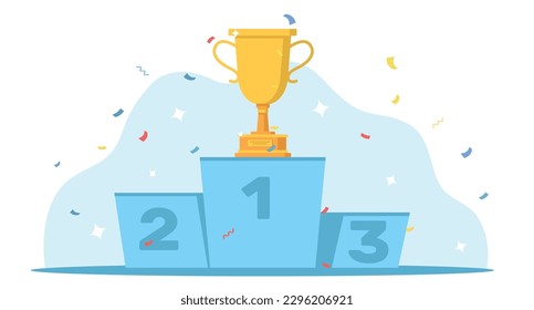 Winners cup, success and achievement. First place prize in competition or tournament, award ceremony, sport match, golden metal goblet cartoon flat isolated illustration. Vector reward concept