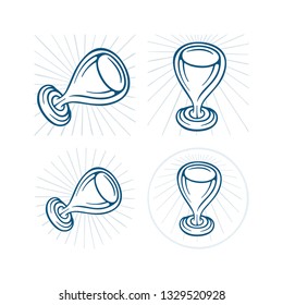 Winners cup. Trophy cup with light stripes hand drawn vector illustrations set. Golden awards sketch drawing icons.