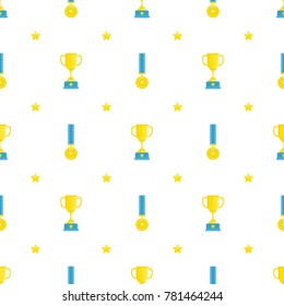 Winners cups and gold medals seamless background. Golden Awards, Prize pattern. Champion Cup and trophies template. Vector illustration in flat style. EPS 10.