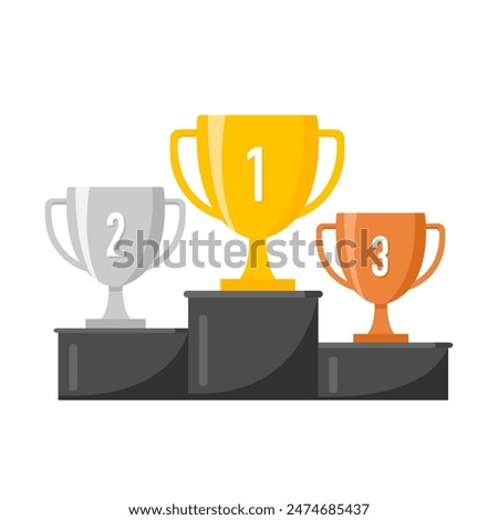 Winner's cups - gold, silver and bronze. Awards on the pedestal. Vector illustration.