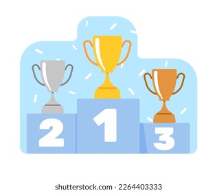 Winners cups on podium. First place gold reward. Silver and bronze metal goblets. Competition victory pedestal. Award ceremony. Champions ranking. Contest achievements
