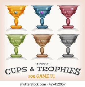 Winners Cups And Trophies For Game UI/
Illustration of a set of funny cartoon gold award winner cups, and prizes in different levels and categories, for game ui best score or success and wealth icons
