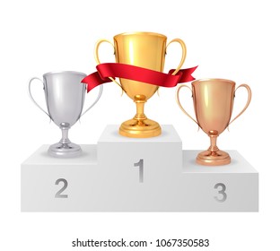 The winner's cups. White winners podium. Pedestal. Set of realistic gold, silver, bronze cup. Vector illustration.