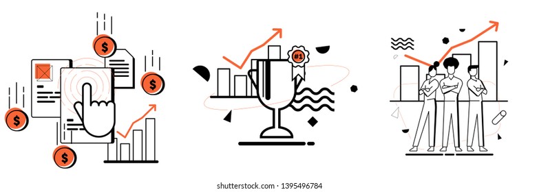 winners first prize medal trophy corporate success vectors icon flat line art set