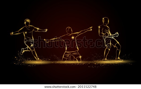 Winners Football players set. Golden\
linear soccer player illustration with victory\
emotions.
