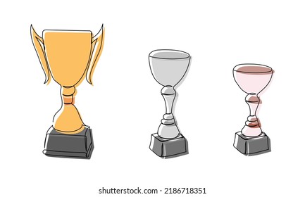Winners goblets colored one line art. Continuous line drawing of sport, award, distinction, victory, trophy, first, gold, silver, bronze, championship, tournament, triumph, competition, color.