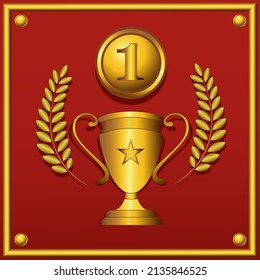 The winner's gold cup with a laurel, a gold medal with the number 1 . Gold frame. On a red background. The ceremony of the championship. Vector illustration.