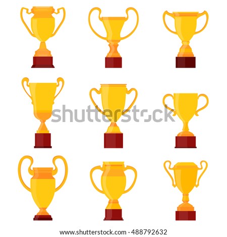 Winners gold cups. Set of different golden bowls champion award trophy. Vector cup sign