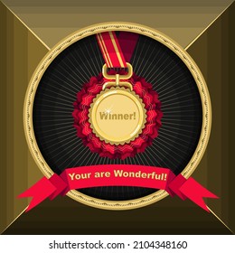 Winner's gold medal in a faceted box. Below is a tape with the inscription -You are Wonderful. Vector illustration