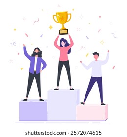 Winners with golden trophy cup award, People standing on the podium rank, Triumph reward, Symbol of victory, Business goal concept, Winning business concept flat vector illustration.