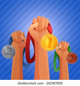 Winners hands holding winner victory golden silver and bronze  medals background vector illustration