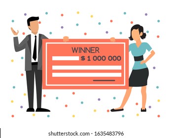 Winners hold big lottery check. Couple win in lottery money prize vector illustration. Happy man and woman holding huge lotteries ticket