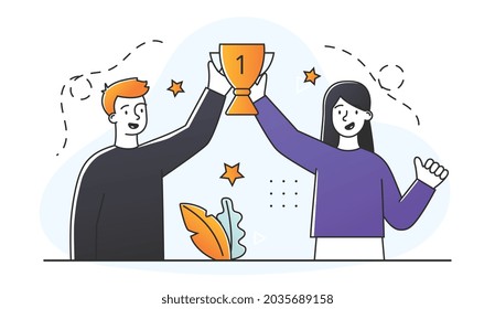 Ganadores con goblet dorado. El hombre y la mujer ocuparon el primer lugar en la competencia. Lograr el éxito y la concesión. Personajes alegres. Dibujo vectorial plano del doodle de dibujos animados aislado en fondo blanco