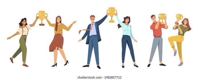 Winners holding trophy and awards, isolated business people, best employees for successful teams. Celebration of victory and luck, happy male and female characters. Vector in flat cartoon style