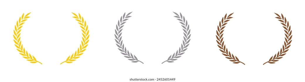 Winners laurel wreath logo type vector icons. Flat design gold silver bronze awards on transparent background