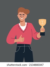 Ganadores. Un hombre con una copa de victoria. El tipo se regocija en la victoria. Imagen vectorial.
