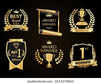 Winner's medal logo collection golden award logo design isolated on black background