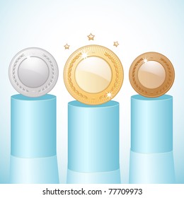Winner's medals on blue podiums