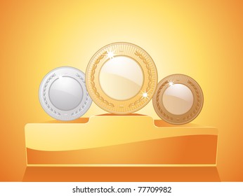 winner's medals on a glossy orange podium