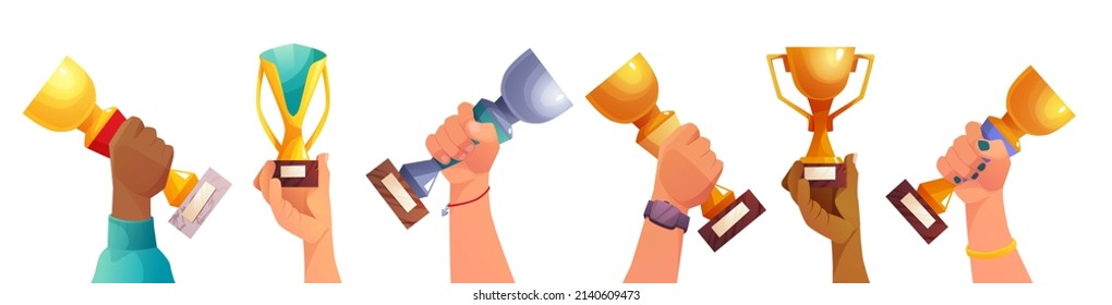 Winners multiethnic hands holding a goblet in hand, idea of achievement, leadership, victory, success. Champion cup, trophy. Golden prize.
