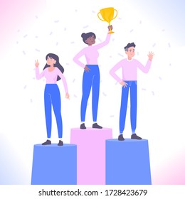 Winners on the podium concept. Young office people stand on the podium and holding golden cup. First, second and third place concept.  Successful people competition, vector illustration