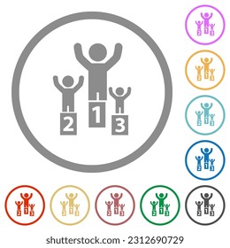 Winners on the podium flat color icons in round outlines on white background
