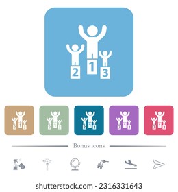 Winners on the podium white flat icons on color rounded square backgrounds. 6 bonus icons included
