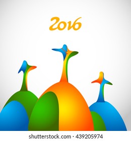 Winners on sports podium for the first, second and third place isolated on white. Stylized color people raise hands up.Brazilian Sport Game 2016. Yellow, green, blue colors. Rio Vector illustration