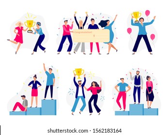 Winners people. Happy couple win gold cup, office workers team win cash check and successful winner standing on podium. Teamwork employee reward. Flat isolated vector illustration icons set