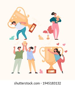 Winners people man woman characters holding golden cup and celebrating concept. Vector cartoon flat graphic design illustration set