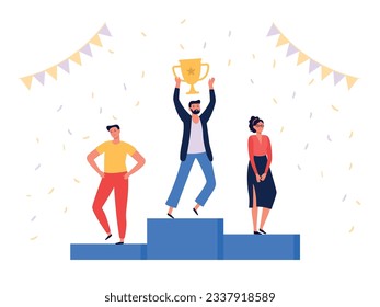 Winners people. Office workers team, successful winner standing on podium. Man winning first place holding trophy and celebrating on pedestal, coworkers having reward vector illustration
