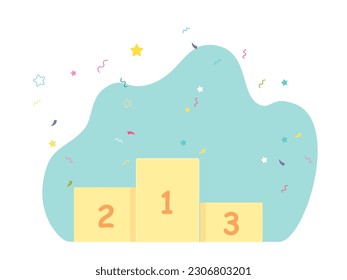 Winners podium with 1, 2 and 3 numbers on stands and confetti vector illustration. Cartoon pedestal with places for first, second and third winner of sport competition, contest platform for champion