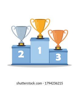 Podio del ganador para atletas con tres tazas ganadoras de oro, plata y bronce, estilo plano, ilustración de vector de color, clipart, diseño, decoración, icono, signo, dibujo, banner, logotipo