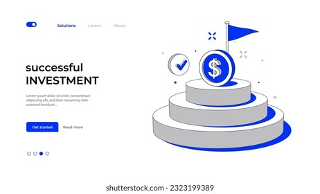 Winners podium with coin and flag concept of business success. Corporate illustration successful investment.