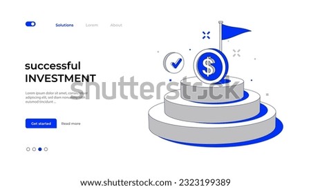 Winners podium with coin and flag concept of business success. Corporate illustration successful investment.