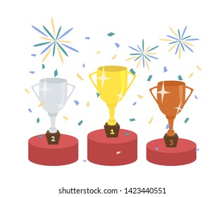 Winners podium with confetti and fireworks. Trophy cups vector illustration.