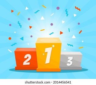 Gewinner Podium mit Konfetti. Flache Vektorgrafik. Leere Preisträger-Plattform für die Preisverleihung. Farbige Bühnen. Die Preisträger des Wettbewerbs

