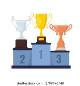 Winners podium with cups in gold, silver, bronze. Vector illustration of trophy for champions