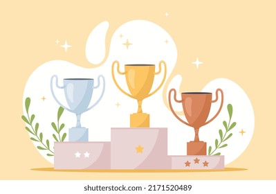 Podio de los ganadores con tazas. Pedestal con premios para personas que ocuparon el primer, segundo y tercer lugar en la competencia. Premios para campeones. Trofeo de oro, plata y bronce. Dibujo vectorial plano de dibujos animados