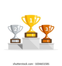 Winners podium with cups. Prizes for the Champions. Gold, silver and bronze cups. Vector illustration in flat style.