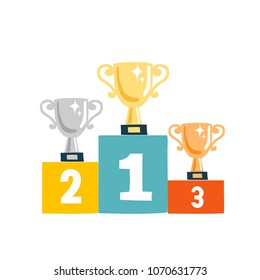 Winners podium with cups. Prizes for the Champions. Gold, silver and bronze cups. Vector illustration in flat style.