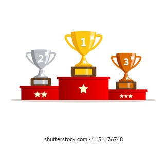 Winners podium with cups. Prizes for the Champions. Gold, silver and bronze cups. Vector illustration in flat style.