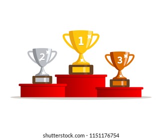 Winners podium with cups. Prizes for the Champions. Gold, silver and bronze cups. Vector illustration in flat style.