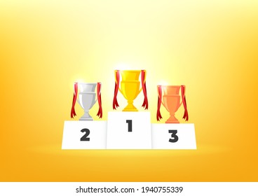 Winners podium with cups. Prizes for the Champions. Gold, silver and bronze cups.