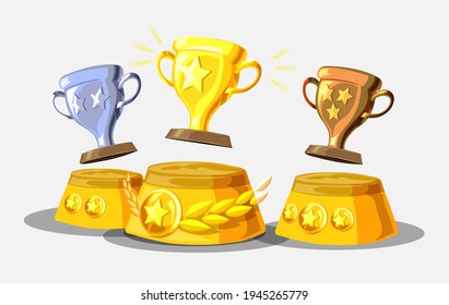 Winners podium with cups. Prizes for the Champions. Gold, silver and bronze cups. Vector illustration in flat style for poster, web banner or greeting card