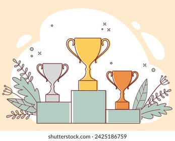 Winners podium with cups. Prizes for the Champions. Gold, silver and bronze cups. Vector illustration