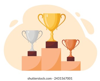 Winners podium with cups. Prizes for the Champions. Gold, silver and bronze cups. Vector illustration