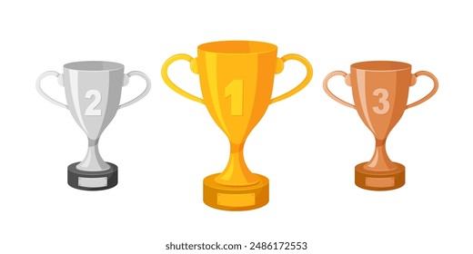 Winners podium with cups. Prizes for the Champions. Gold, silver and bronze cups on white background. 